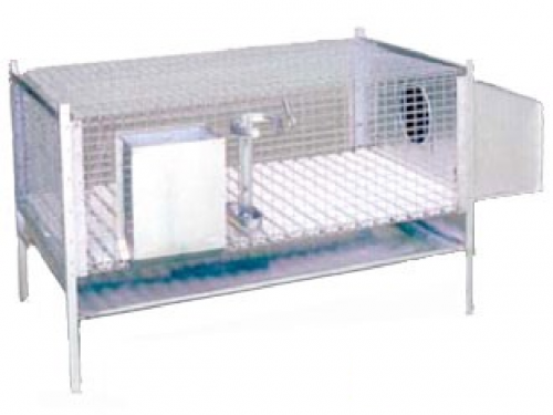 Rabbit cage with a litter box, a feeder and a drinker